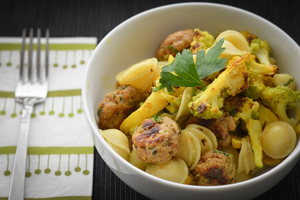 moroccan orecchiette with cauliflower and meatballs