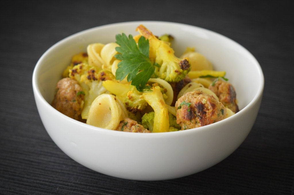 bowl of moroccan orecchiette with cauliflower and meatballs