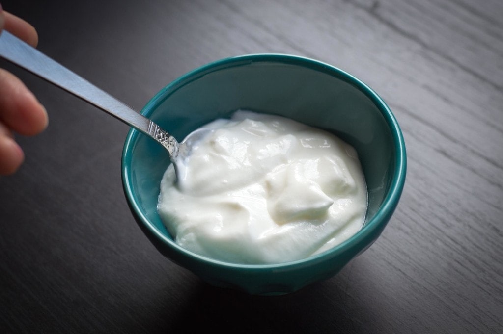 Homemade yogurt in a bowl with spoon