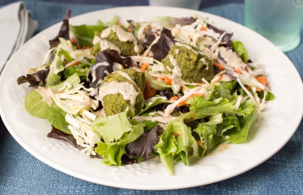 Baked Falafel Salad with Hummus Dressing